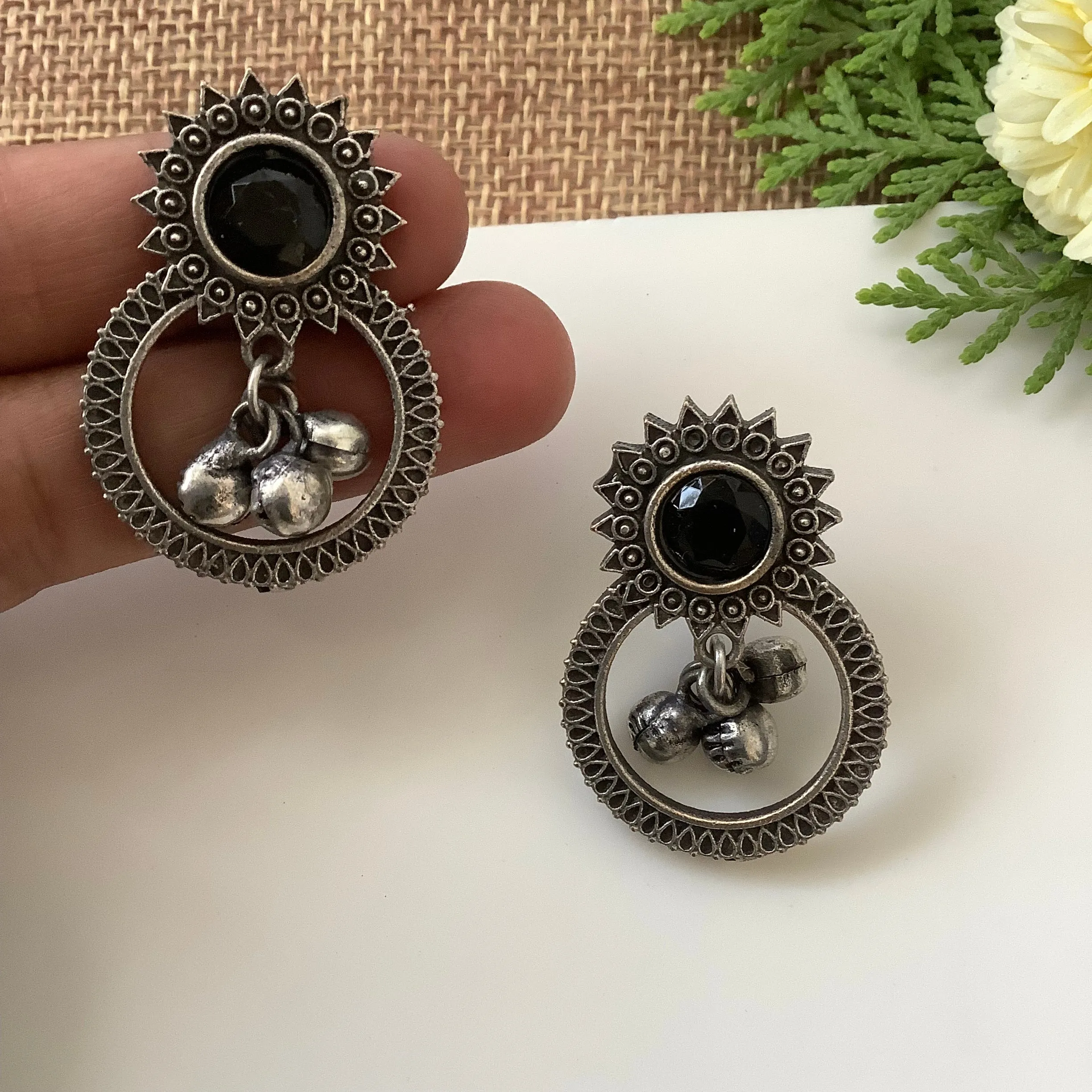 Salvanity German Silver Sun Ring Earrings