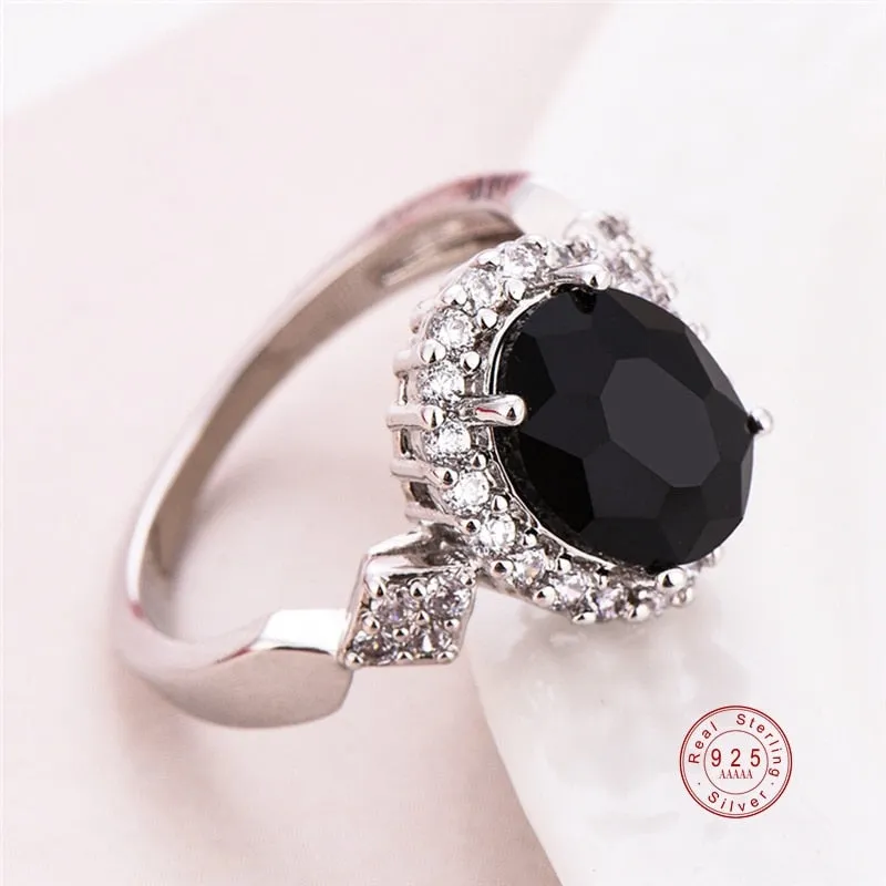 Silver Color Stackable Ring Round Black CZ Crystal Finger Rings For Women Wedding Party