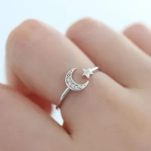 Silver Star Moon Couple Ring - Adjustable