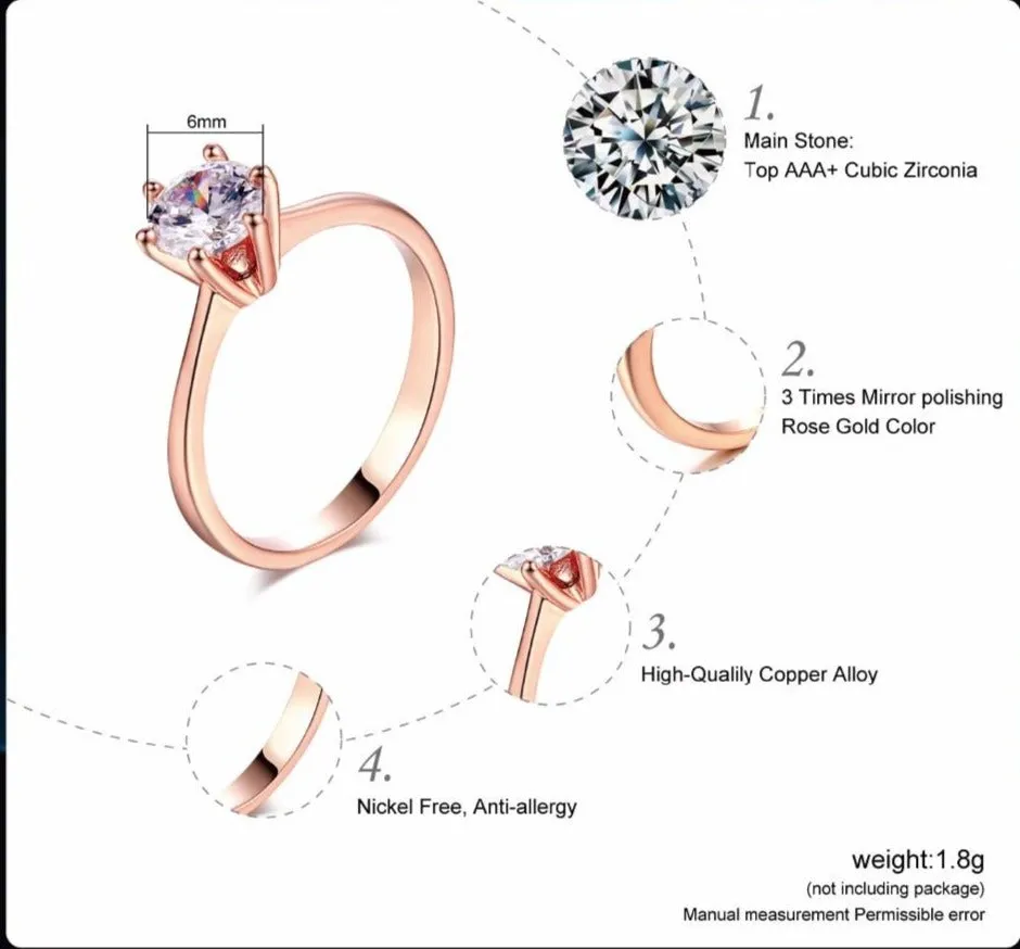 Six Claw 1 Carat Cubic Zirconia Wedding Finger Rings For Women Rose Gold Color