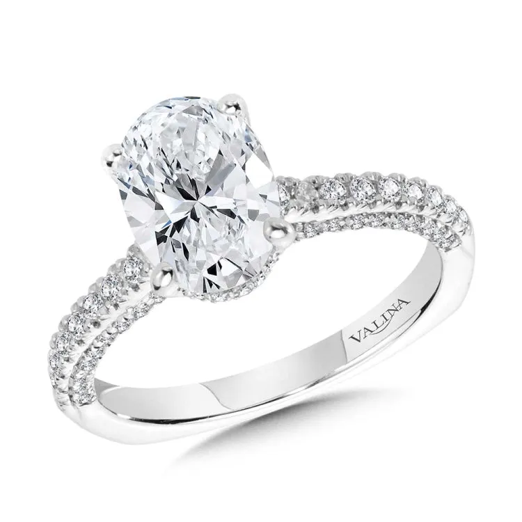 Straight Oval-Cut Hidden Halo Engagement Ring w/ Diamond Arch Undergallery