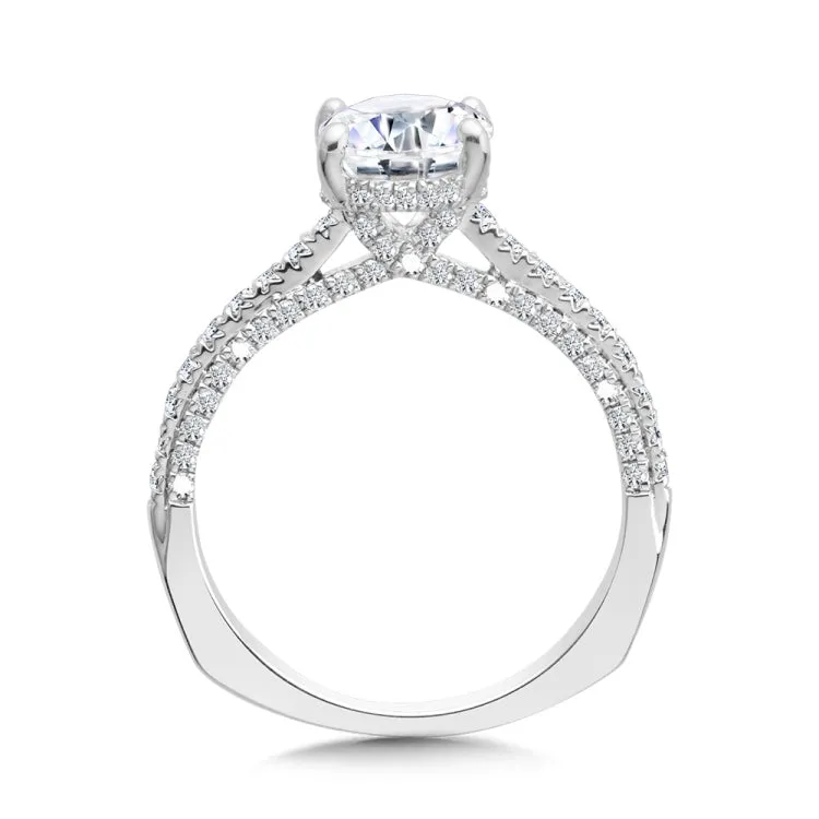 Straight Oval-Cut Hidden Halo Engagement Ring w/ Diamond Arch Undergallery