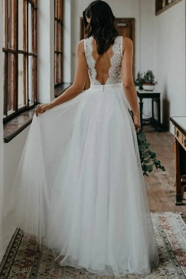 Top Lace Simple Tulle Beach Wedding Dress Bridal Gown With V Back  WD452