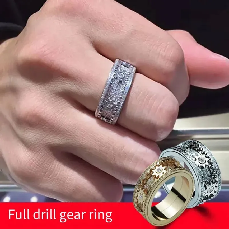 Trend New Titanium Steel Zircon Inlaid Gear Rotatable Men And Women Fashion Ring Couple Friend Birthday Gift Jewelry