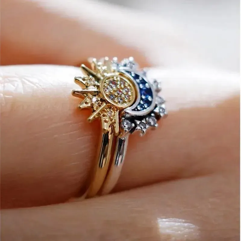 Women's Sparkling Moon Sun Celestial Blue Ring