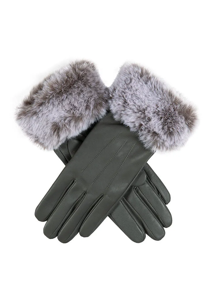 Women’s Touchscreen Three-Point Lined Leather Gloves with Faux Fur Cuffs